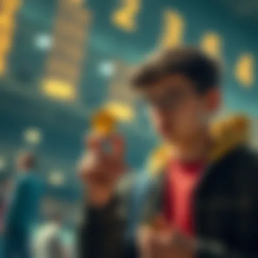 A college student looking at Dogecoin coins, contemplating investment strategies.