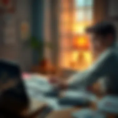 A young man sits at a desk, looking worried as he stares at his laptop displaying falling cryptocurrency values. Papers and a calculator are scattered around him, symbolizing financial chaos.