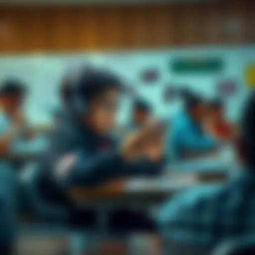 A student sitting at a desk in class, eagerly checking phone for video game pre-order news while trying to focus on teacher, showing mixed emotions