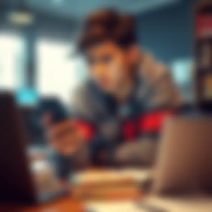 An international student looks worried while checking their phone, surrounded by books and a laptop, highlighting the stress caused by frozen bank funds.