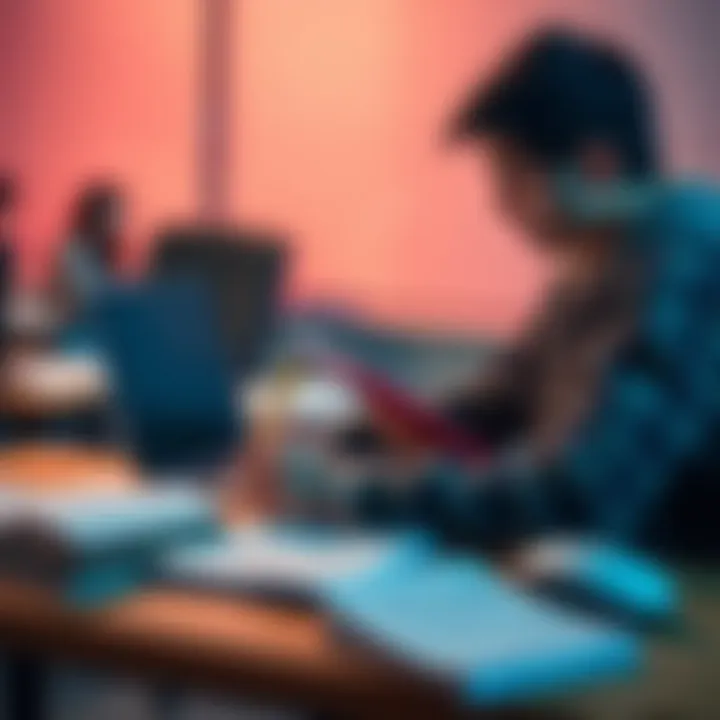 A student sits at a desk with a laptop, textbooks, and notes spread out, looking focused on studying for GOC lectures.