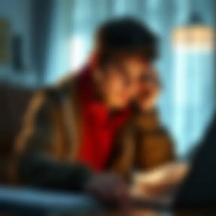 A young student looking stressed while reading financial posts on a laptop, concerned about account freezes at Revolut