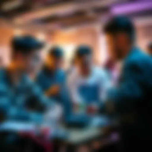 A diverse group of students collaborating on projects at a hackathon event. They are engaged in discussions and working on laptops, with various tech tools and posters around them.