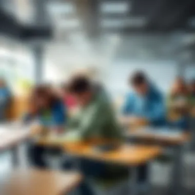 Students Collaborating in a Classroom A group of students working together on school assignments at desks in a bright classroom