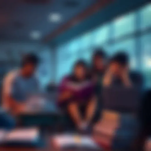 A group of students sitting together with books and laptops, supporting each other in their studies for NEET exams.