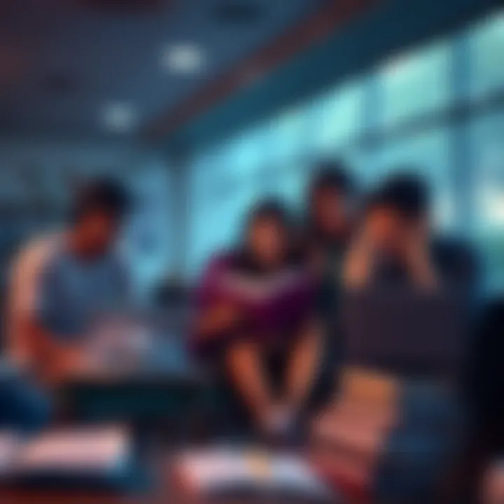 A group of students sitting together with books and laptops, supporting each other in their studies for NEET exams.