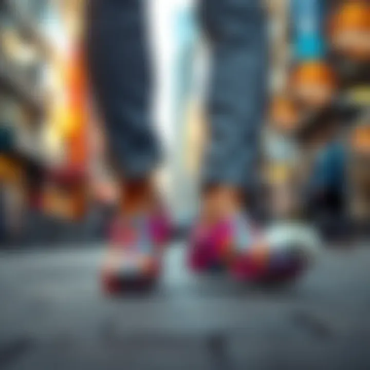 A pair of colorful Crocs worn by a stylish individual in a trendy city environment, embodying the blend of comfort and contemporary fashion.