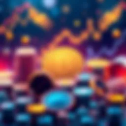 An illustration showing key elements for building a successful cryptocurrency, including coins, charts, and digital symbols.