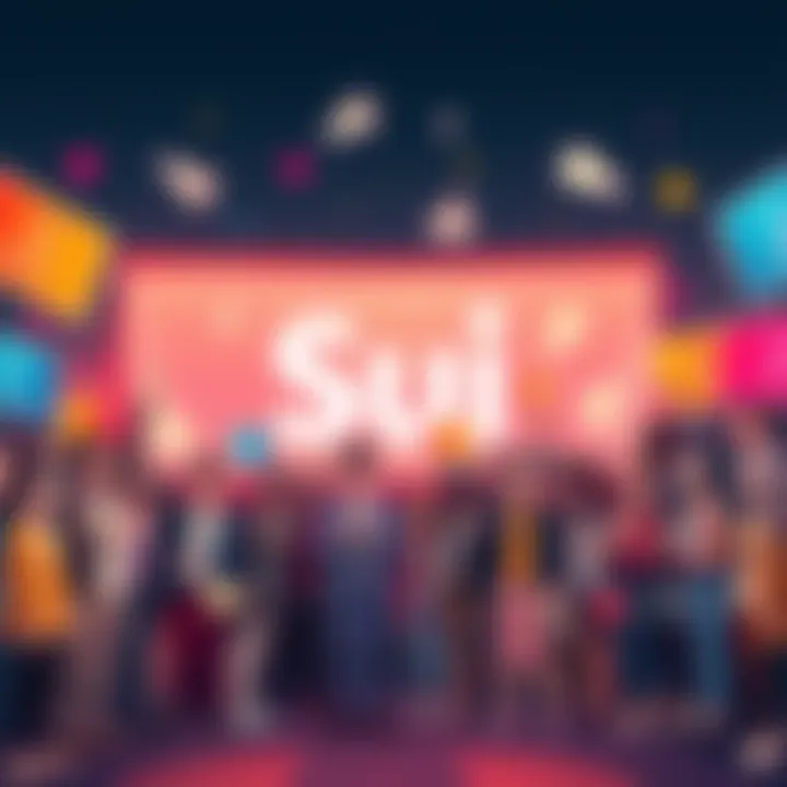 A vibrant graphic showing a group of diverse people celebrating the launch of a new project on Sui, with colorful banners and logos.