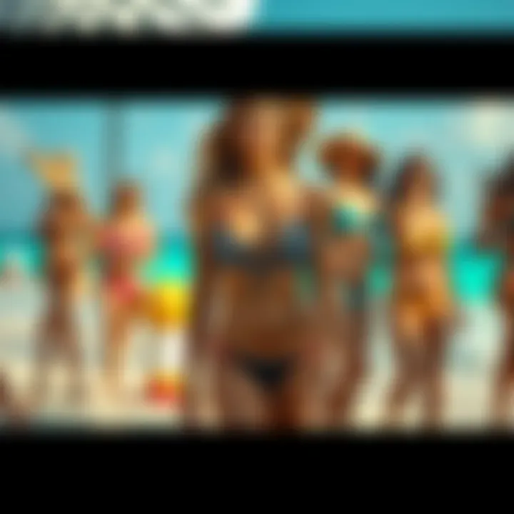 A vibrant display of diverse bikini styles on a sunny beach