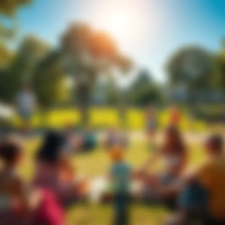 People enjoying a sunny day at the park, engaging in various summer activities like picnicking and playing games