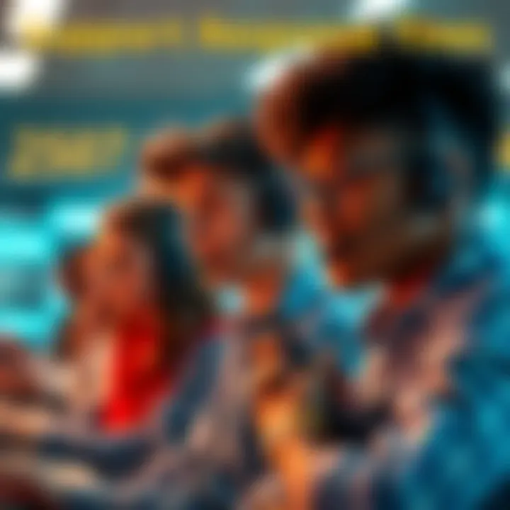 A visual representation of customer support waiting times featuring diverse people waiting on a call with expressions of frustration and hope.