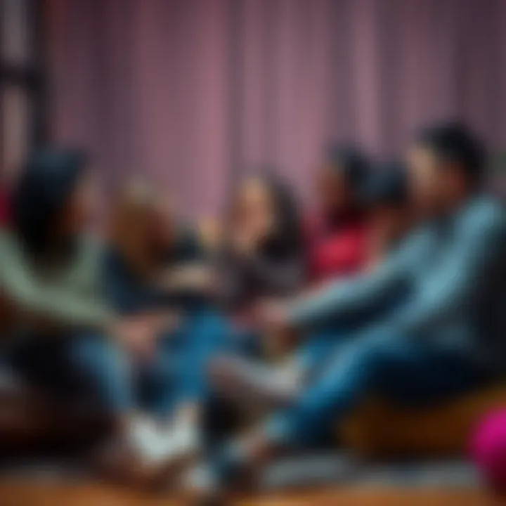 A group of diverse people sitting together, offering support to each other with comforting gestures in a cozy setting.