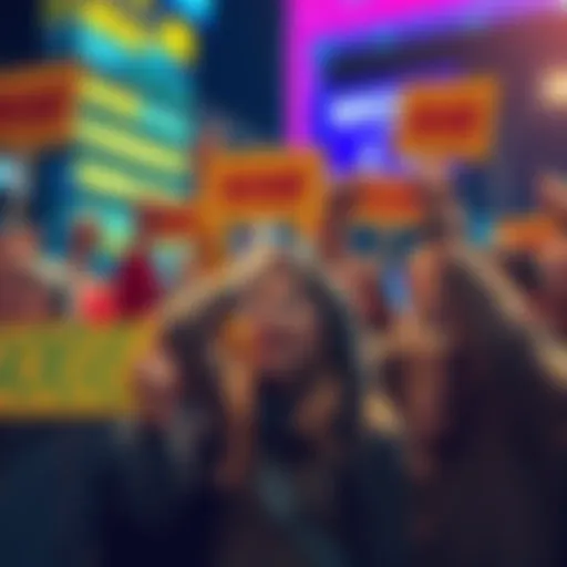 A group of people cheering and holding DOGE-themed signs as they rally for the cryptocurrency to hit 1 cent.