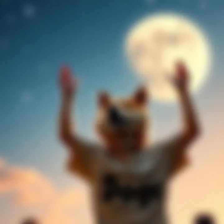 A hopeful supporter wearing a Doge-themed shirt, raising hands in excitement, standing in front of a starry sky with a large moon in view.