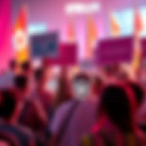 A diverse group of people holding signs that say 'Invest in XLM' and 'Join the movement!' in a vibrant community rally setting.