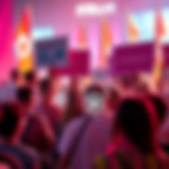 A diverse group of people holding signs that say 'Invest in XLM' and 'Join the movement!' in a vibrant community rally setting.