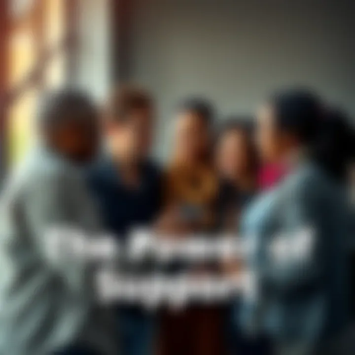 A group of diverse individuals engaging in a supportive discussion, showcasing compassion and understanding.