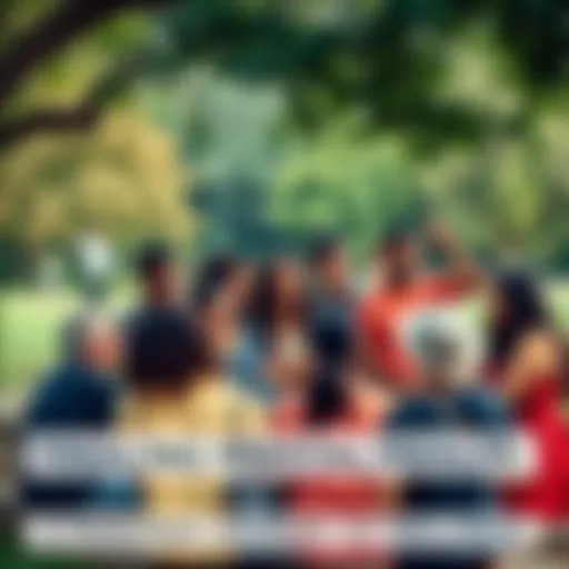 A group of diverse people gathered in a park, sharing and supporting each other during a wellness discussion.