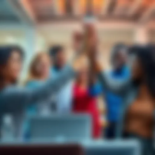 A group of diverse colleagues high-fiving and cheering each other on in an office setting, showcasing teamwork and encouragement with smiles on their faces.