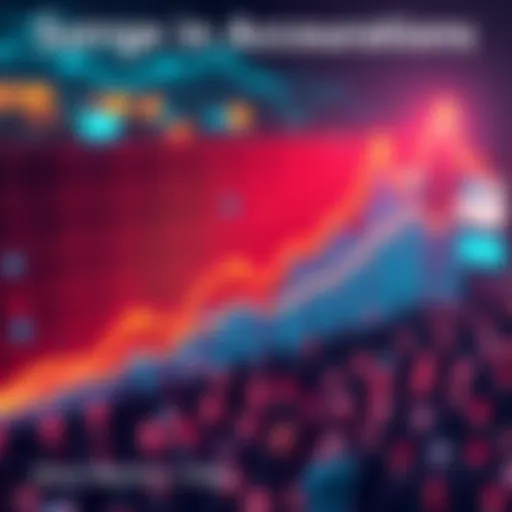 A visual representation of a graph showing a steep increase in account registrations on March 6, with arrows and a growing user base.