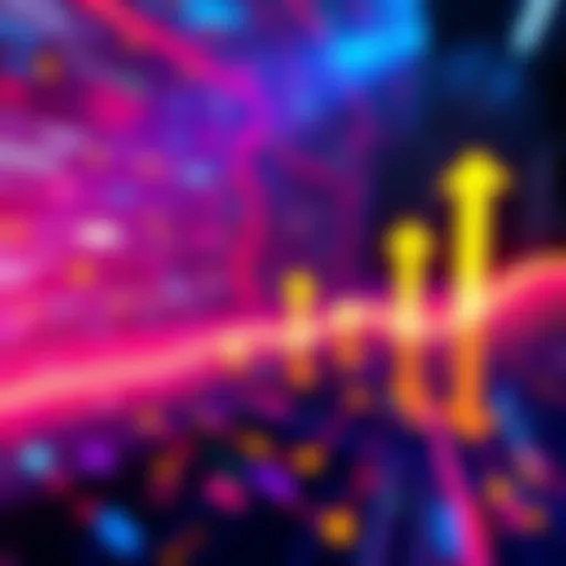 A representation of increased transactions on a mainnet with upward arrows and digital graphics