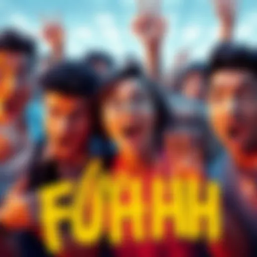 A group of people expressing amazement and curiosity about FUHHH, with varied facial expressions and gestures, in a vibrant setting.