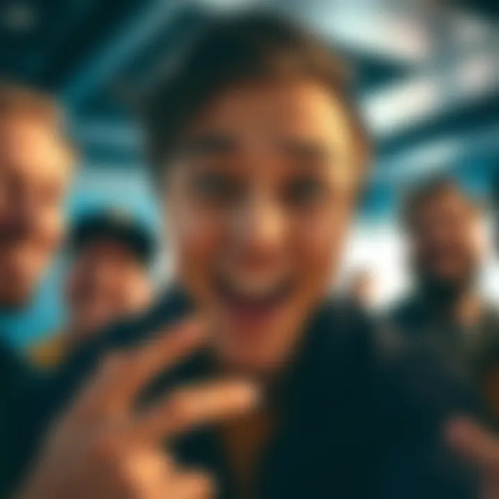 A person with wide eyes and an open mouth, expressing shock and laughter at an unexpected event, surrounded by friends sharing the moment.