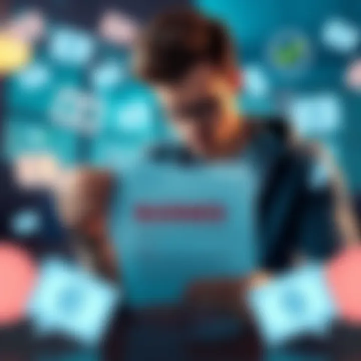 A person looking frustrated while reading a notification about their survey account being banned, surrounded by survey icons and a cash symbol