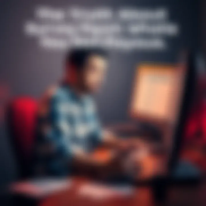 A person looking frustrated while completing an online survey at their desk, surrounded by papers and a computer screen.