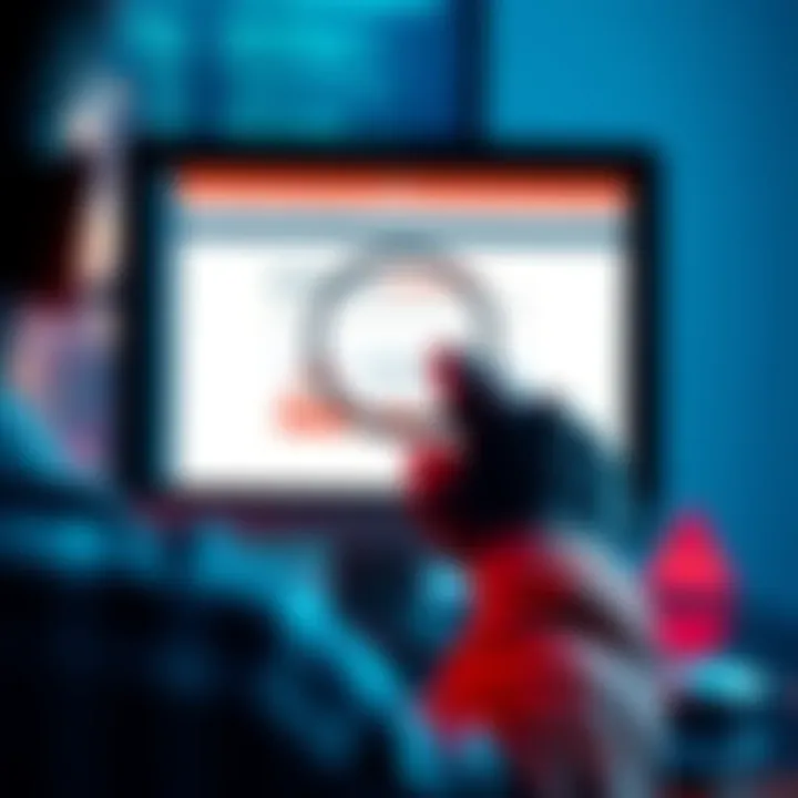 A person looking at a computer screen displaying a suspicious email, with a magnifying glass and a warning symbol nearby.