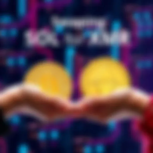 A visual representation of swapping SOL cryptocurrency for Monero XMR, featuring two coins exchanging hands with a digital background.