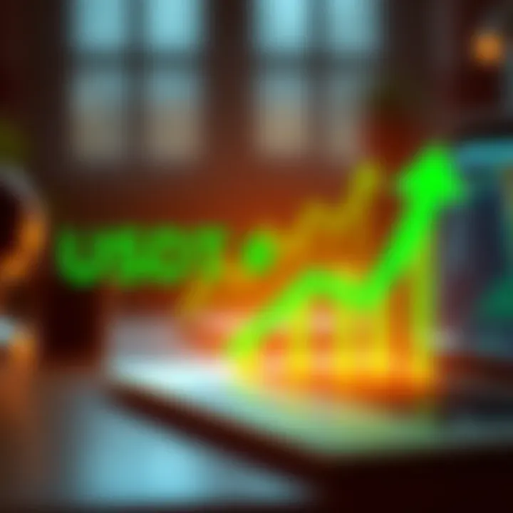 A graphic showing the exchange of USDT for XMR with green upward arrows indicating a favorable rate and a laptop in the background