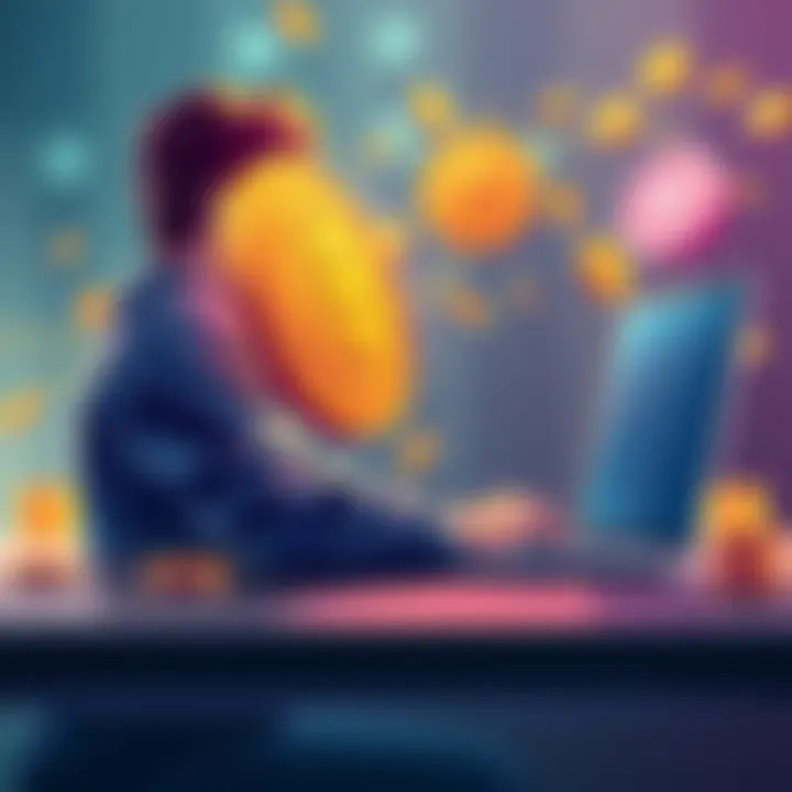 A digital illustration showing a person using a decentralized swap platform on a laptop, with tokens being exchanged in the background.