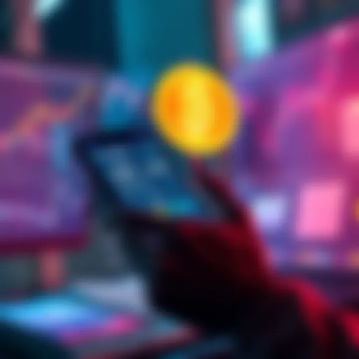 Swapping from Lightning to BTC A person looking at their phone, evaluating costs of transferring from the Lightning Network to Bitcoin, with charts and symbols of Lightning and Bitcoin visible.