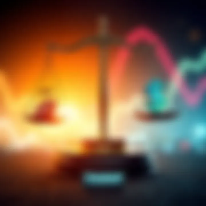 A balancing scale representing Tariff OFF and Tariff ON policies with economic symbols