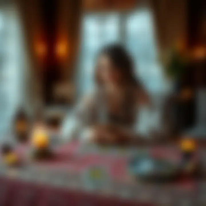 A woman sits at a table with tarot cards laid out, looking thoughtfully at the cards that represent her romantic interests, with a warm and inviting atmosphere.