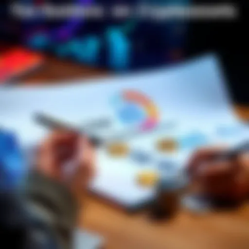 A person reviewing tax documents related to cryptocurrency, with graphs and digital coins on the table.