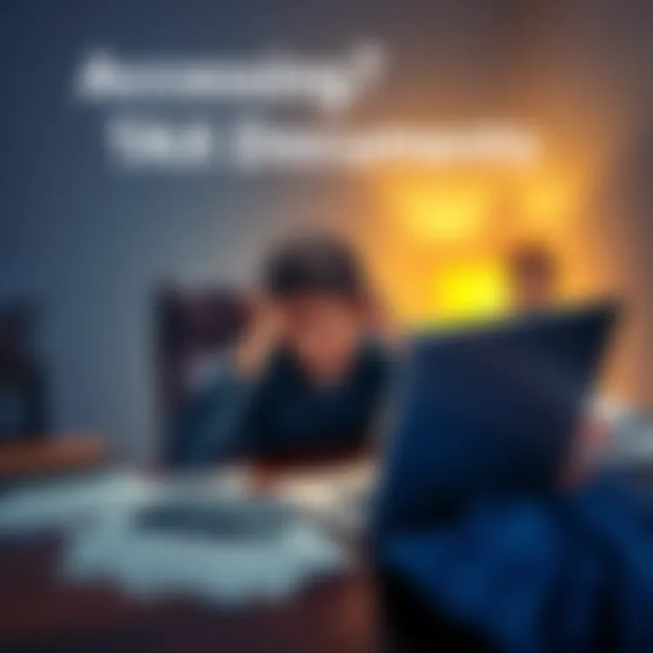 Accessing Your Tax Documents A frustrated user trying to log in for tax documents with a laptop and tax forms around