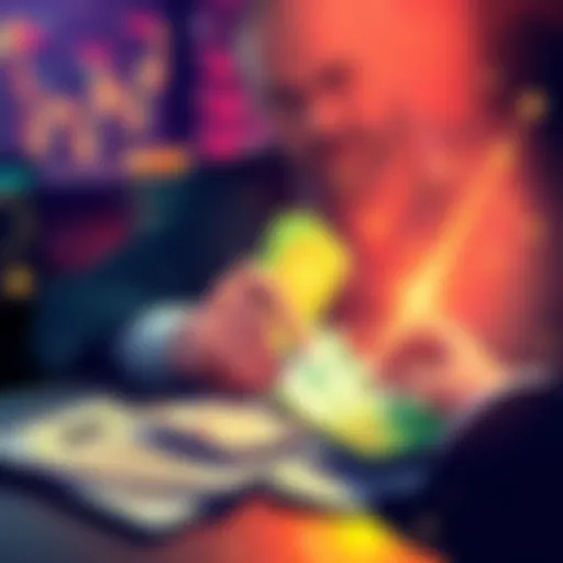 An illustration showing a person calculating taxes on large cryptocurrency gains with bills and calculators around them