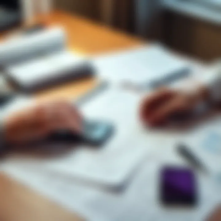 A person calculating taxes with forms like 1099-DA on a desk and using a calculator