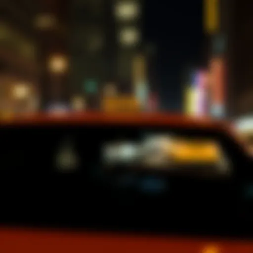 A taxi driving through a city at night, with bright lights shining and a silhouette of a driver visible inside.