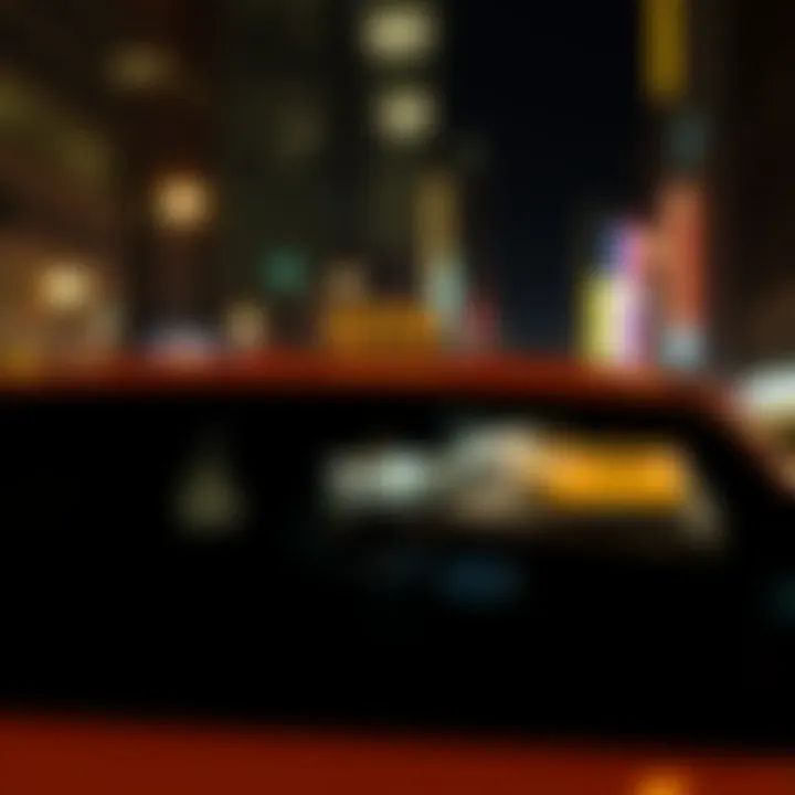 A taxi driving through a city at night, with bright lights shining and a silhouette of a driver visible inside.