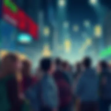 Group of worried taxpayers observing the fluctuating cryptocurrency market; signs of failing ventures in the background