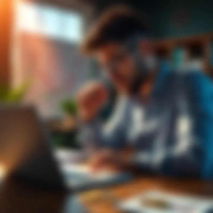 A thoughtful teacher looking at a laptop with cryptocurrency graphs and coins on the table, reflecting on investment choices, including Pepe and XRP.