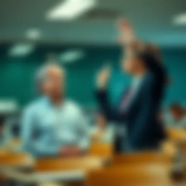 A teacher looks surprised as a confident student raises a hand in a classroom setting