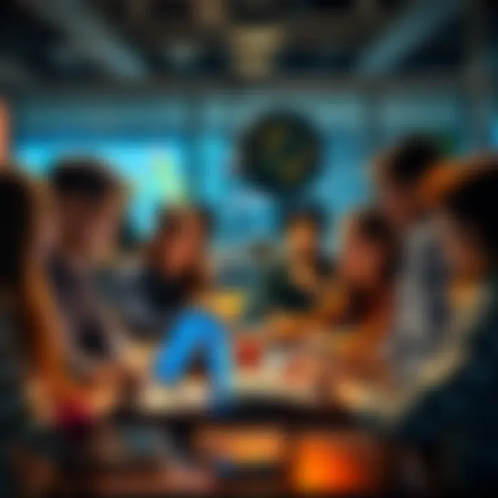 A group of people discussing ideas for a hackathon project, with laptops and notepads around them.