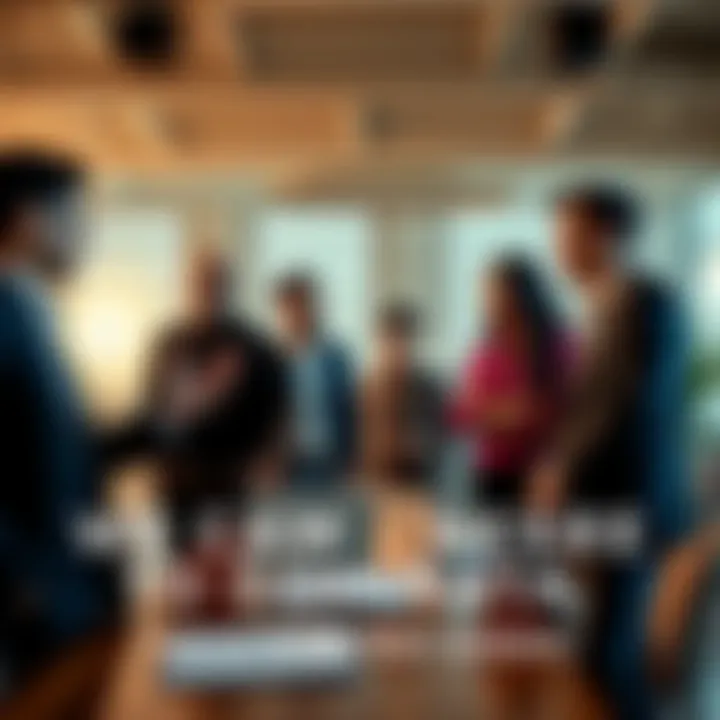 A group of diverse business professionals discussing strategies in a modern office setting, displaying determination and focus to achieve dominance in their field.