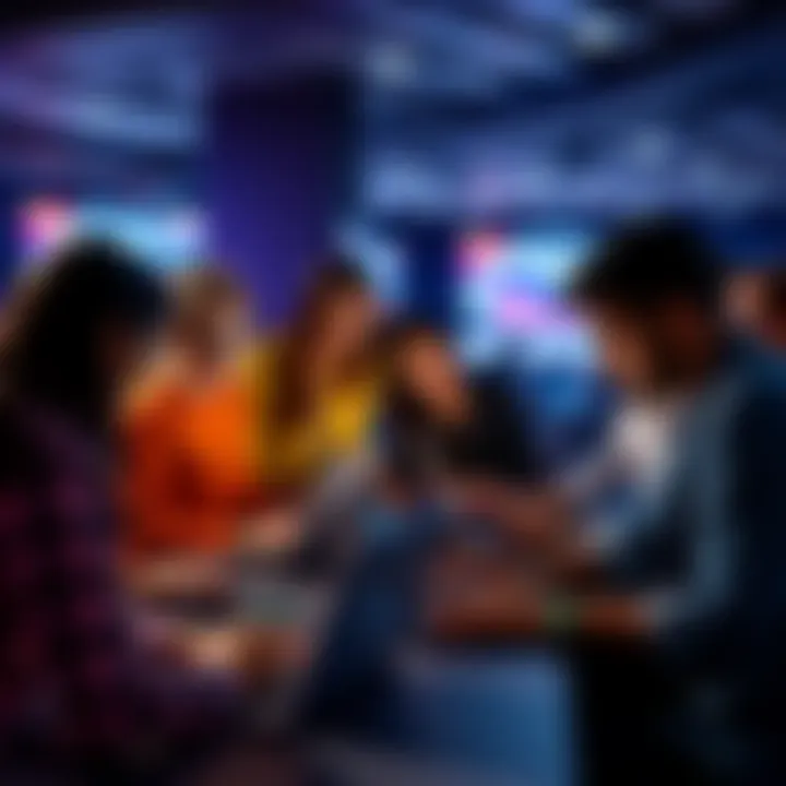 A group of diverse people working together on laptops during a hackathon event, brainstorming ideas for AI projects.