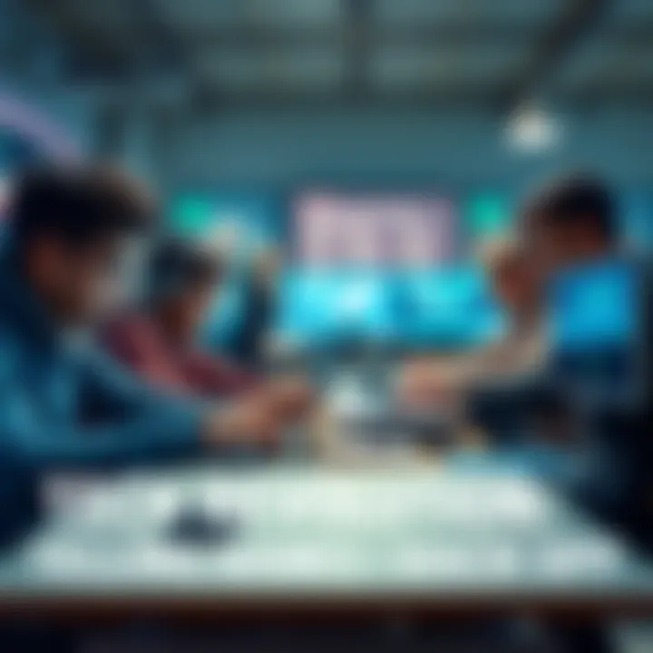 A group of tech enthusiasts coding together on laptops, representing a movement against traditional banking, with screens displaying financial technology solutions.